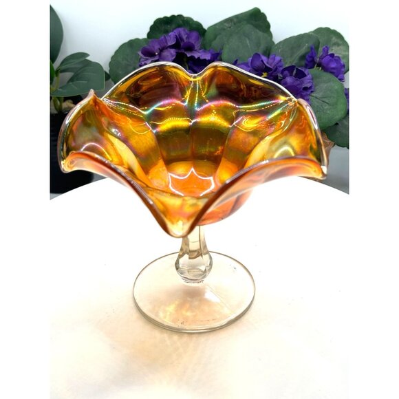 Vintage Iridescent Marigold Carnival Glass Compote Dish - Picture 5 of 8